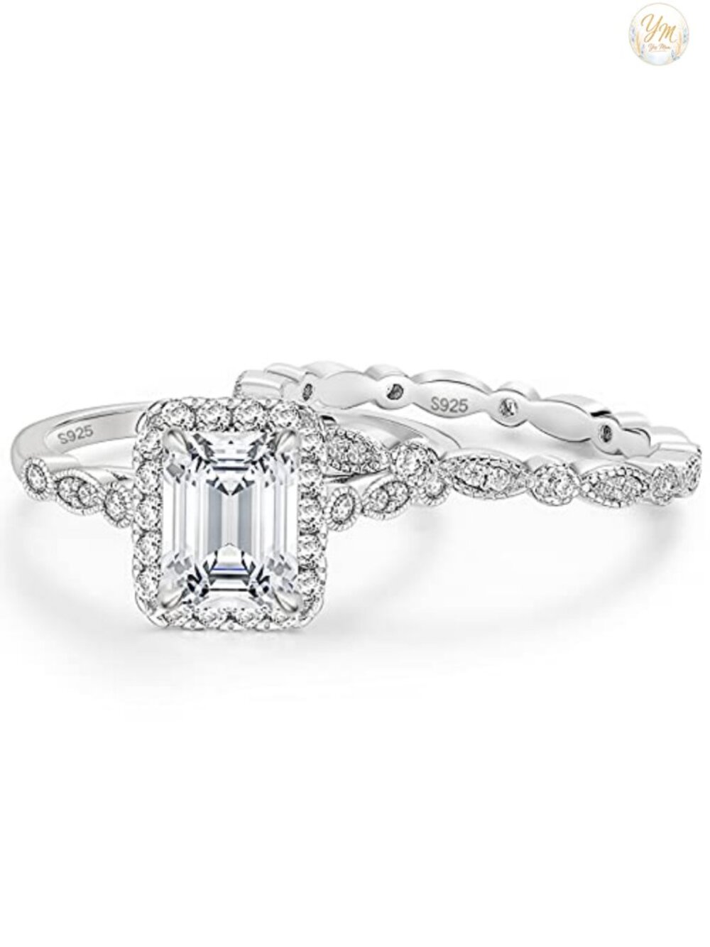 Emerald Cut CZ Wedding Ring Set Sterling Silver Bridal Set 2ct Halo Size 3-11